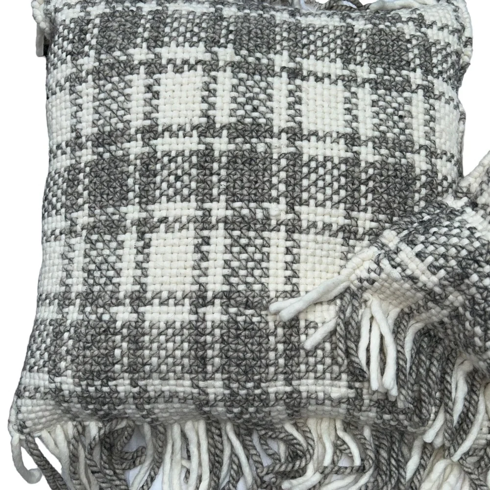 Magnolia Home Neutral Stunning gray wool plaid high quality 2 pillow COvers